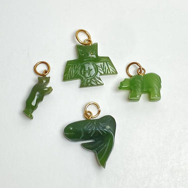 Lot of 4 Small Carved Jade Pendants Green Fish Bear Bird Owl Necklace Charms 