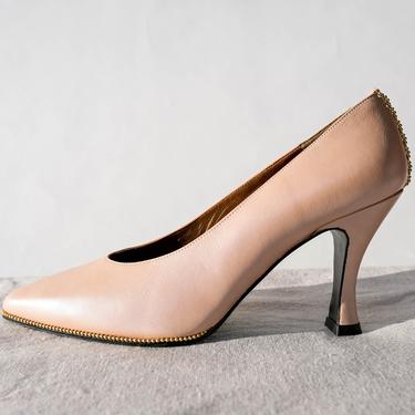 Vintage 80s Stuart Weitzman Pearlescent Blush High Heels w/ Gold Beaded Trim | Made in Spain | Size 7 | UNWORN w/ Box | 1980s Designer Pumps 