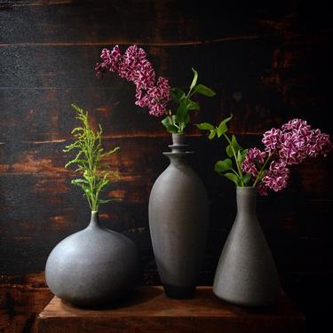 Set of 3 Stoneware Slate Black Vases by Sara Paloma Pottery- handmade minimal architecture inspired wheel thrown ceramic flower vases 
