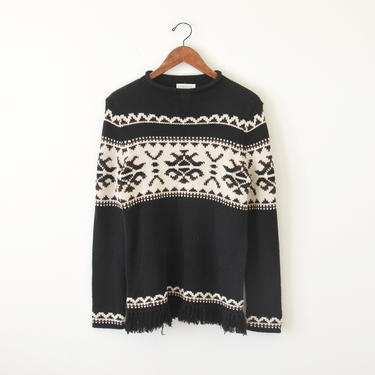SALE ~ 90s fringe sweater / black sweater / turtle neck sweater 