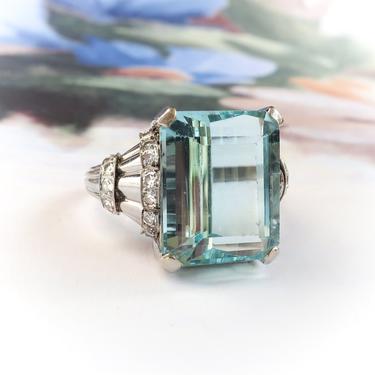 Vintage Retro 1940s 9.23 ct t.w. Emerald Cut Aquamarine Diamond Ring Platinum 