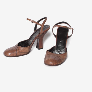 Vintage 90s PRADA Heels / 1990s Brown Top Stitched Ankle Wrap Heels by luckyvintageseattle