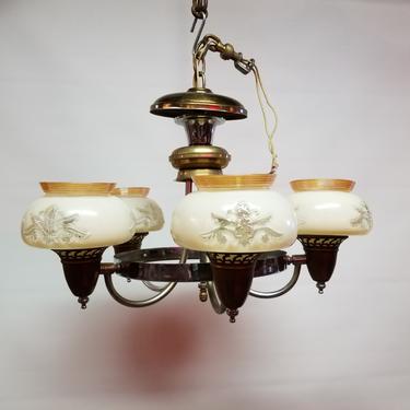 Vintage 5 Arm Chandelier with Embossed Floral Glass Shades