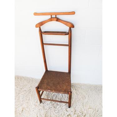 Large Vintage Wood Valet Chair with Woven Seat 