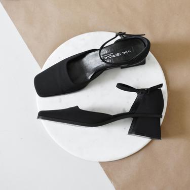 vintage 90s block heel shoes, black ankle strap sandals by Via Spiga, size 8.5 N 