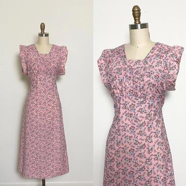 Vintage 1930s Dress 30s Pink Cotton Floral Size Large Day Dress 