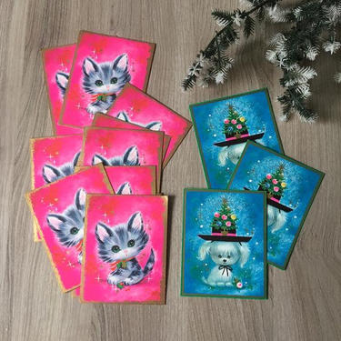 Christmas Fantasies kittens and puppy holiday cards - vintage 1960s Gibson greetings 