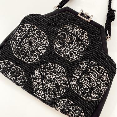 Vintage FENDI FF Logo BEADED Satin Embroidered Evening Shoulder Bag Purse with rope detail 