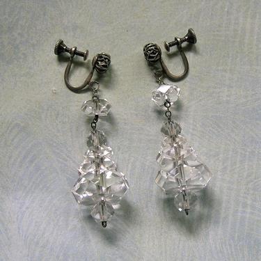 Vintage 1920's Sterling Silver Crystal Earrings, Old Art Deco Silver Glass Earrings, Art Deco Earrings, Old Screwback Earrings (#3837) 