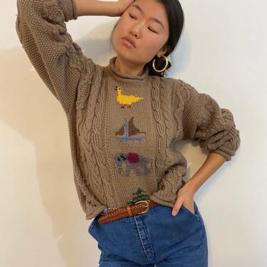 90s handknit folklore sweater / vintage camel wool handknit intarsia folk novelty  duck elephant rolled sweater | L 