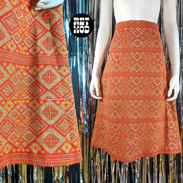Unique Vintage 60s 70s Orange Gold Lurex Geometric A-Line Knit Skirt 