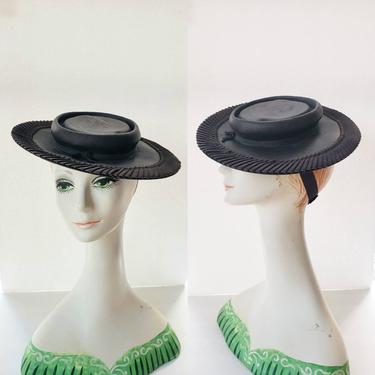 1930s Black Straw & Ribbon Cocktail Hat / 30s Filene's Sons Flat Topped Saucer Platter Hat / Ninette 