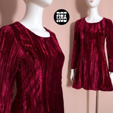 Cute Vintage 60s 70s Dark Red Crushed Velvet Dolly Dress 
