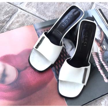 Vintage Gucci White Leather Slides Women’s Size 7.5 B Slip On Mule Sandals 90’s Designer Heels 