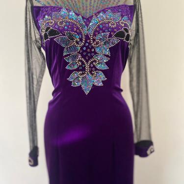 Vintage Mandarin collar dress, purple velvet sequin dress, embellished sweetheart neckline dress, cocktail dress, women's formal dress s/m 8 
