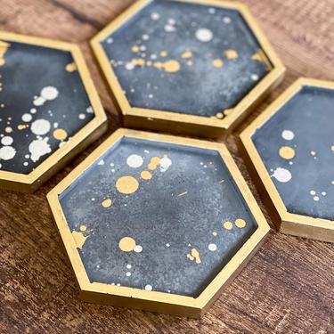 Night Sky Rustic Constellation Hexagon Concrete Coasters, Set of 4 - Gold and Silver Accents 