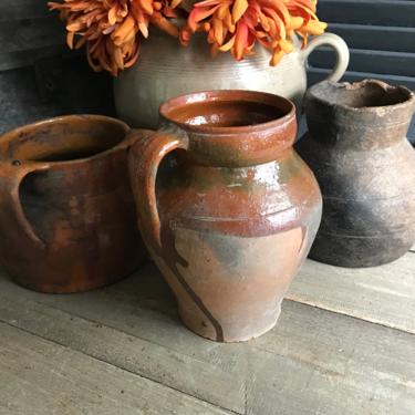 19th C Pottery Jug, Terra Cotta Pitcher, Redware Slip, Rustic Garden Vase, European Farmhouse, Farm Table, With Damages 