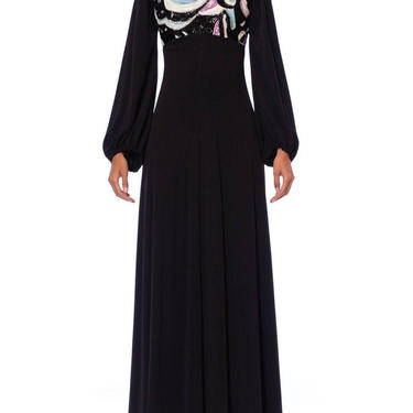 1970S Black Polyester Jersey Psycadellic Beaded Gown Reportedly From The Cher Show 