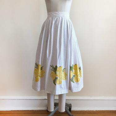 Black and White Polka Dot and Yellow Floral Print Cotton Midi Skirt - 1950s 