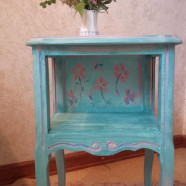 Nightstand Vintage Cottage Bedside Table Painted in Beachy Aquamarine Mermaid Poppy Cottage Painted Furniture 