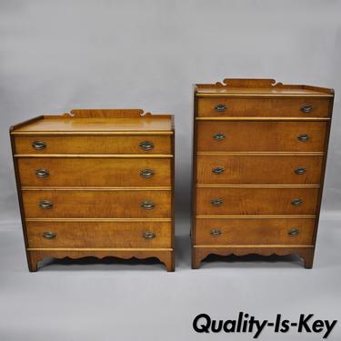 Pair of Antique Maple High Chest Low Dresser Traditional Cottage Bedroom Set