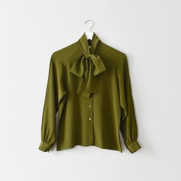 vintage silk tie neck blouse, olive green button down shirt, size S 
