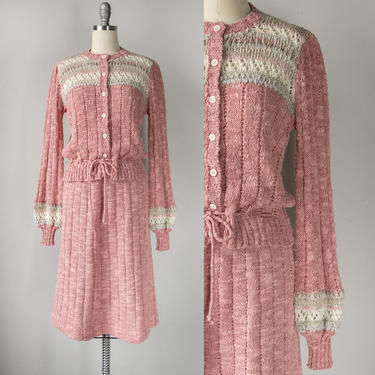 1980s Knit Set Pink Ensemble Skirt Sweater S 