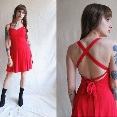Vintage 90s Backless Red Mini Dress/ 1990s Lace Up Corset Grunge Dress/ Size Small Medium 