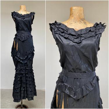 Antique Black Silk Evening Gown, Vintage Ruffled Mystery Dress, Gothic, Distressed, Study Piece or Up-cycle for Costume, X Small 