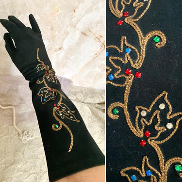 FABULOUS GLOVES, Prong Set Rhinestones, Gold Lurex Embroidery, 15 in. Opera Length, Rockabilly, Pin Up, Vintage 50s 60s 