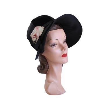 1920s Black Wide Brim Cloche Bonnet - 1920s Black Cloche - 1920s Floral Cloche - 1920s Bonnet Cloche - 1920s Womens Black Hat - 1920s Hat 