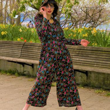 90s Vintage Wide Leg Jumpsuit, 90s floral print palazzo jumpsuit with wide legs, festive outfit jumpsuit jumper size large 