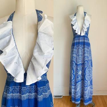 Vintage 1970s Blue Bandanna Print Maxi Halter Dress / S 