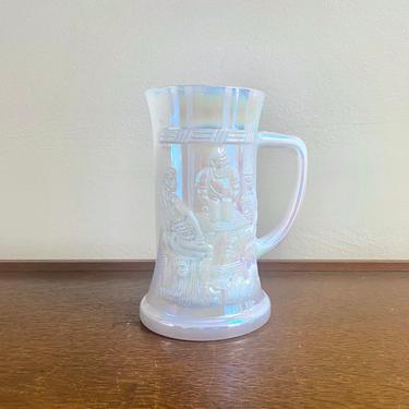 Vintage Federal Glass Iridescent Milk Glass Stein Mugs with Embossed Tavern Scene, Opalescent Pearl Lustre Stein Mugs, MCM Retro Kitchen 