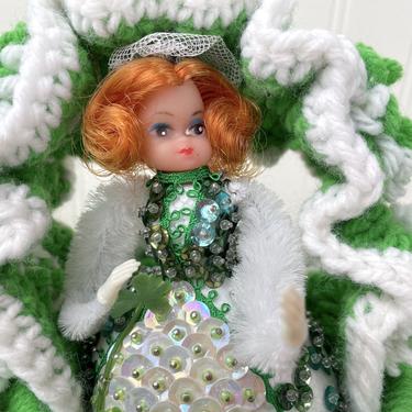 Irish doll in a crocheted basket - crafty 1980s vintage ingenuity 