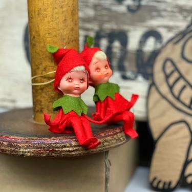 Vintage Pair of Elves Made in Japan Christmas Xmas Decor Ornaments Retro Kitschy Fun Felt People Decoration Elf Fairy 