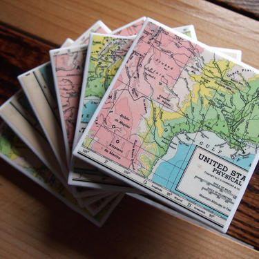 1944 United States Handmade Repurposed Vintage Map Coasters Set of 6 - Ceramic Tile - Repurposed 1940s Hammond Atlas - Elevation Map 
