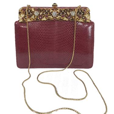 Judith Leiber Jewel Clasp Burgundy Lizard Clutch Shoulder Bag with Accessories