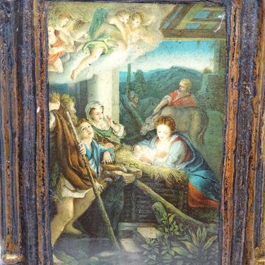 Antique Italian Holy Night Nativity Icon by Correggio, Vintage Blessed Mother Mary and Baby Jesus, Framed Religious Lithograph Print 