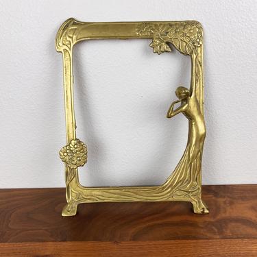 Vintage Art Nouveau Solid Brass Frame • Lady Looking in with Flowers 