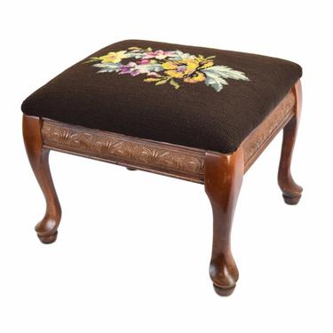 Vintage Petite Footstool Ottoman with Array of Flowers Needlepoint Top 