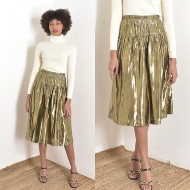 Vintage 1980s Dress / 80s Swishy Metallic Midi Skirt / Gold ( S M ) 