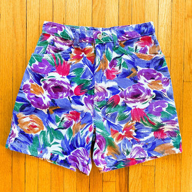80s Gem Toned High Waisted Floral Denim Shorts | 25&amp;quot; Waist 