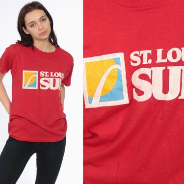 80s St Louis SUN Red T Shirt -- 1980s Newspaper Graphic Tee Retro Tshirt 50 50 cotton poly Soft Thin Worn In1 80s Vintage  Extra Small XS 