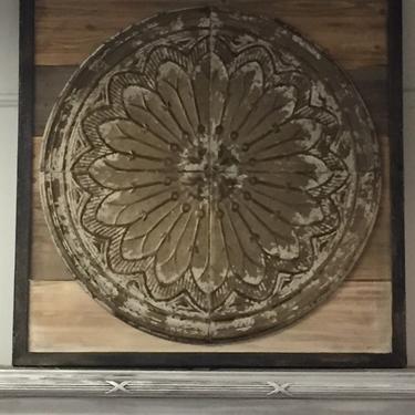 Round Embossed Tin on Distressed Wood Backing Wall Decor 