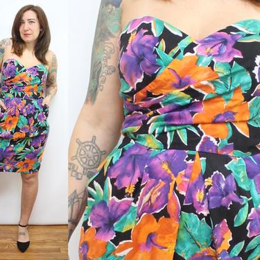 Vintage 80's Tropical Floral Strapless Party Dress with Pockets / 1980's Spring Summer Floral Dress / Women's Size Small - Medium by Ru