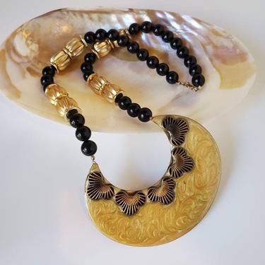 Vintage bead necklace gold and black with large enameled pendant, 1970's 