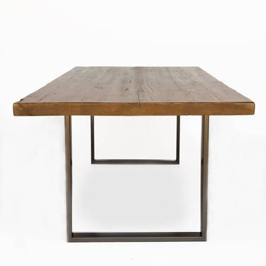 Industrial Dining Room Table made with 1.5&amp;quot; thick reclaimed wood top.  Variety of table bases, sizes and finishes available. 