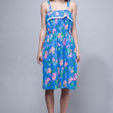 summer dress, floral dress, blue cotton dress, sun dress, vintage 70s blue floral gathered lace trim ONE SIZE - Small Medium Large S M L 