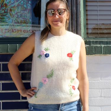 Vintage 1950s Made in British Hong Kong Cream Crochet Hand Knit Top, Floral Embroidery, Medium Women 